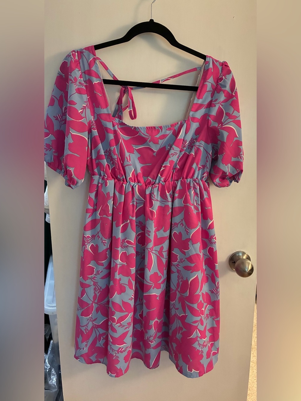 Pink/Blue Floral Puff-Sleeve Dress with Square Neck Tie - small